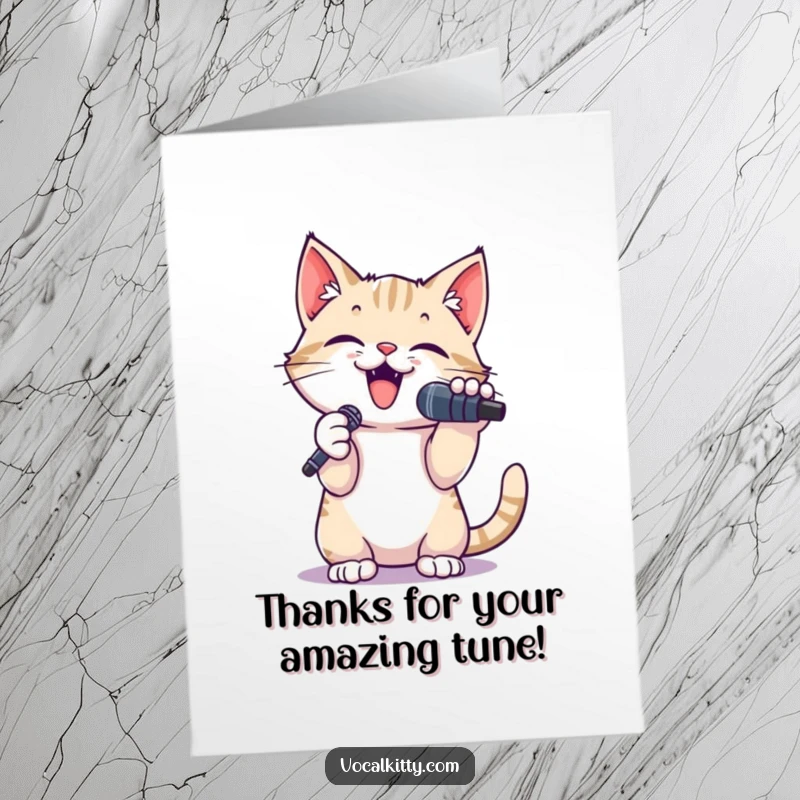 Funny Free Printable Thank You Card: Small cat with a microphone belting a thankful tune, paws raised in gratitude.