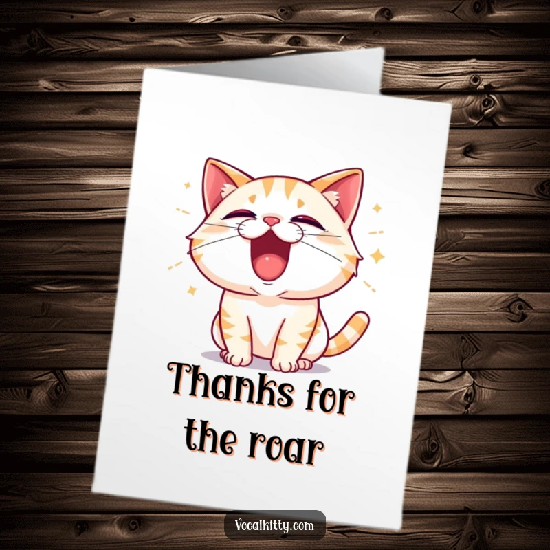 Funny Free Printable Thank You Card: A cat shouts its thanks, sound waves emanating, a loud and clear expression of gratitude.