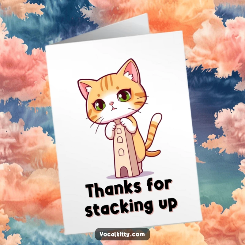 Funny Free Printable Thank You Card: A cat looks incredibly concentrated while balancing a small, delicate tower.