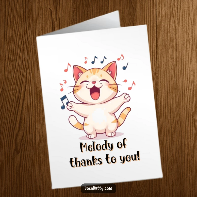 Funny Free Printable Thank You Card: A cat enthusiastically belting out a loud, joyful song with musical notes.