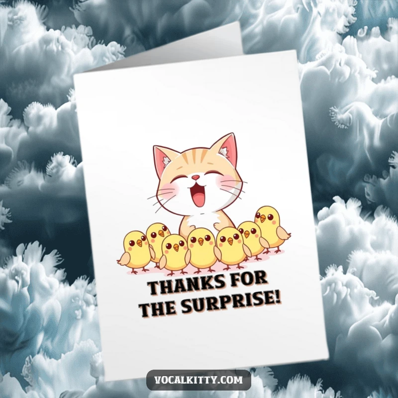 Funny Free Printable Thank You Card: Cat character lets out a loud meow, startling a flock of tiny birds.