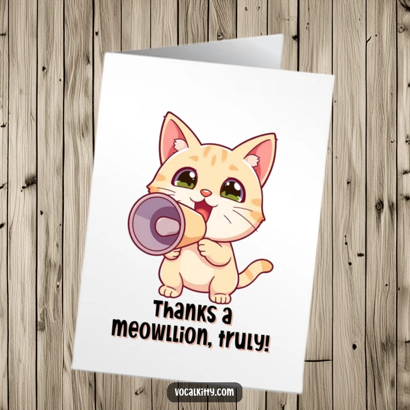 Funny Free Printable Thank You Card: Tiny excited cat amplifies thanks with a loud megaphone, spreading gratitude and humor.