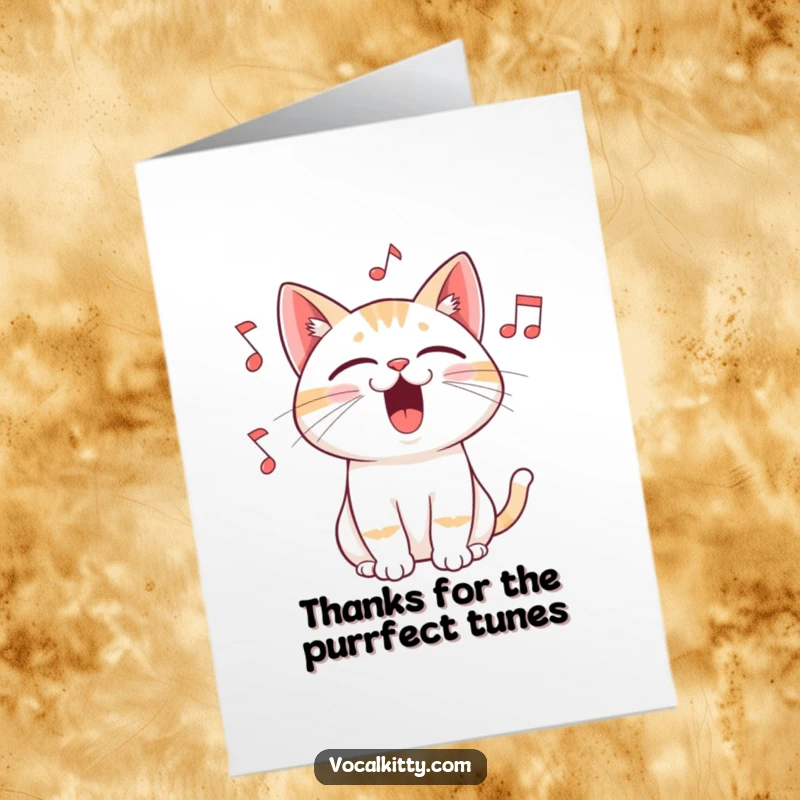 Funny Free Printable Thank You Card with a cat singing its heart out, charming musical notes floating around.