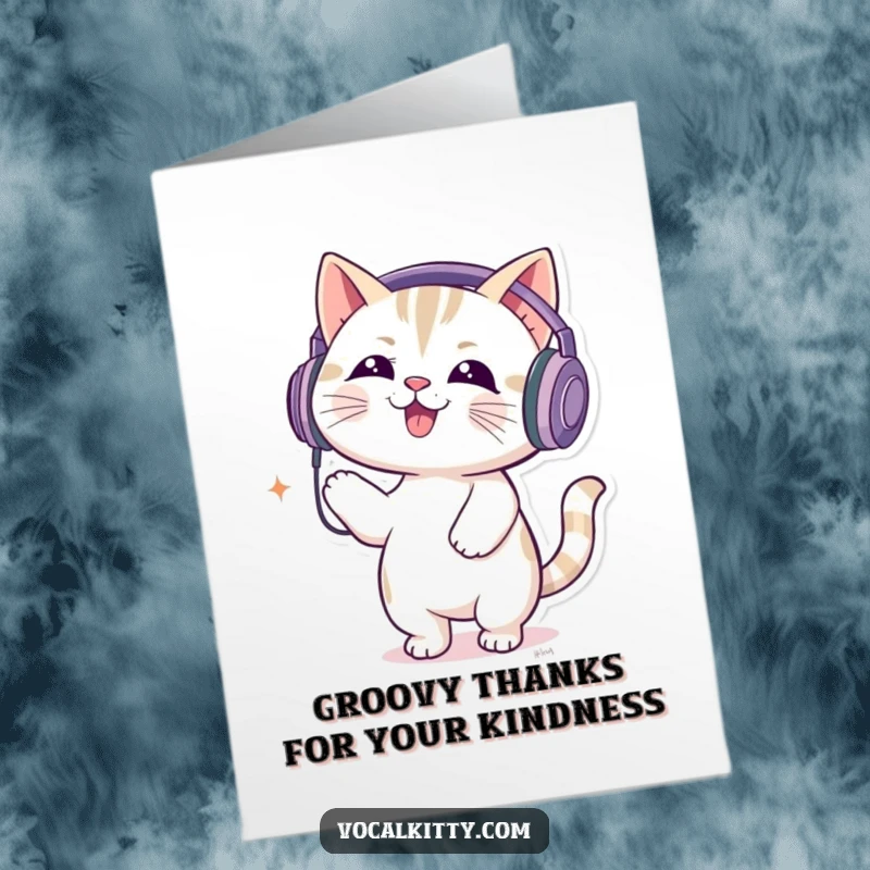 Funny Free Printable Thank You Card with a cat character wearing oversized headphones and enthusiastically bouncing to loud music.