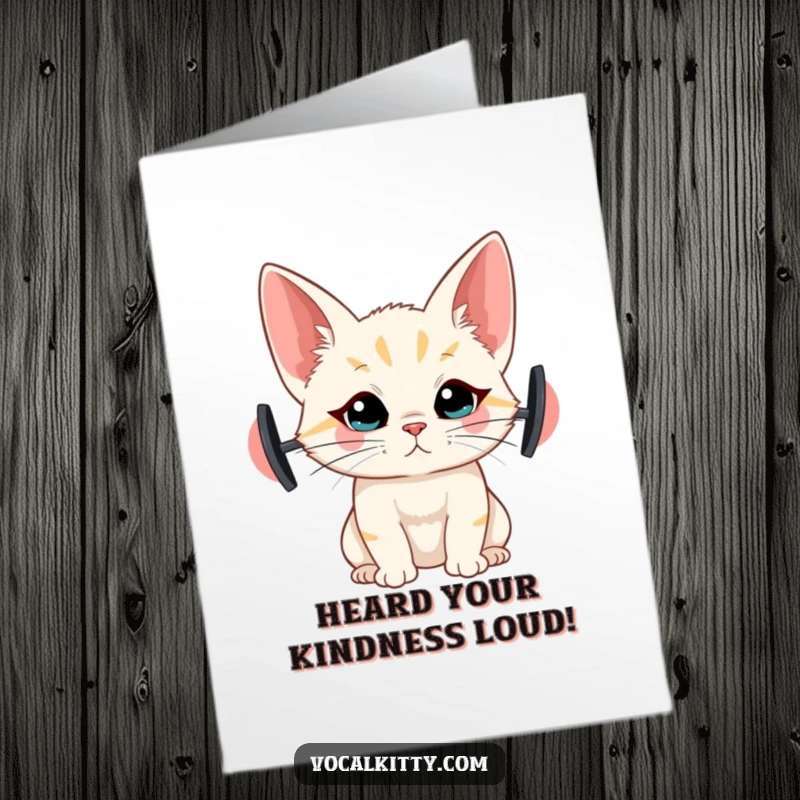Funny Free Printable Thank You Card: A cat with comically huge ears tilted, listening attentively to expressed gratitude, a unique DIY gift.