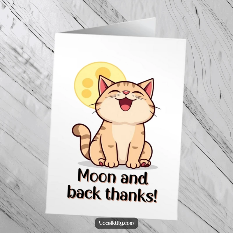 Funny Free Printable Thank You Card: A grinning cat howls at a cartoon moon, sending heartfelt thanks from above.