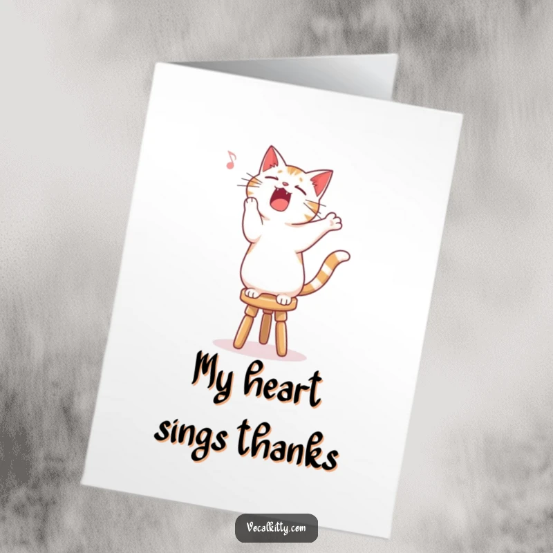 Funny Free Printable Thank You Card: A cat on a stool singing with gusto, conveying a deeply felt and humorous thank you.
