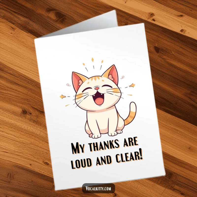 Funny Free Printable Thank You Card: A cat emitting amplified sound waves from its open mouth, delivering a loud and heartfelt thank you.