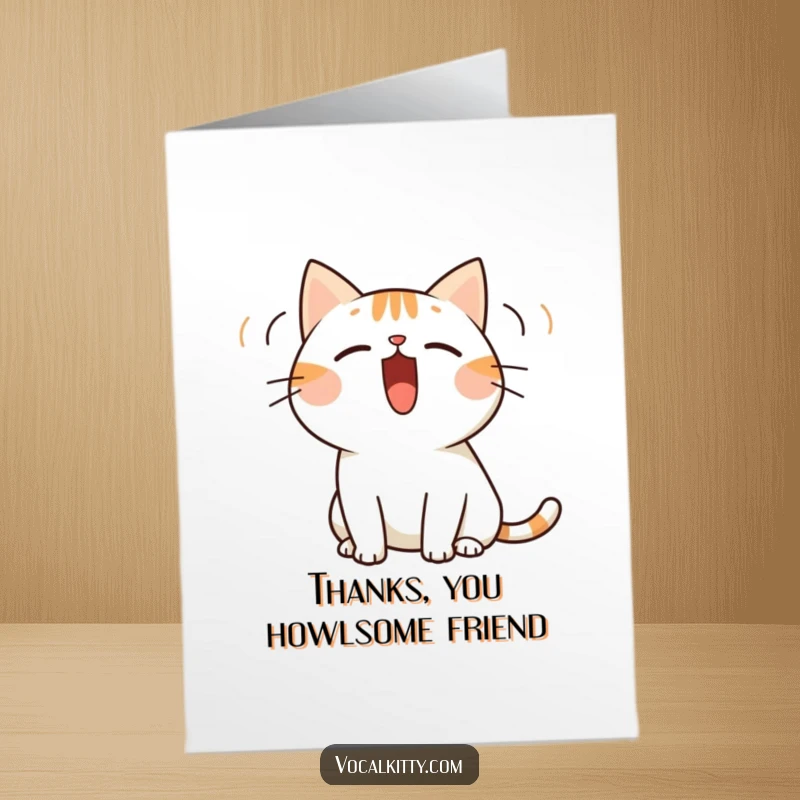 Funny Free Printable Thank You Card: Simplified cat yelling with visible sound waves. A bold downloadable gift.
