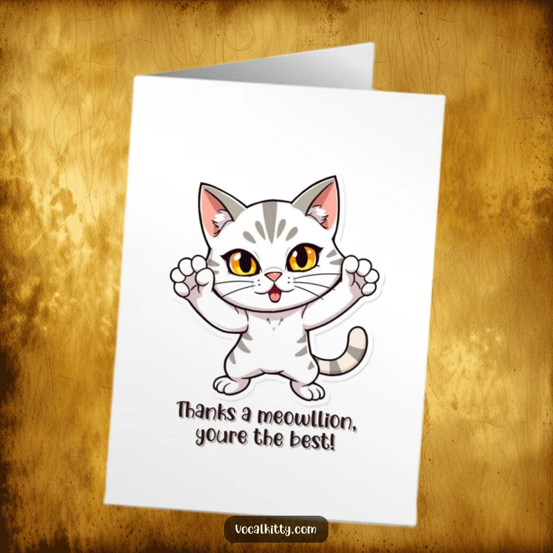 Funny Free Printable Thank You Card: A dramatic cat striking a loud pose to express immense gratitude with a comical meow.