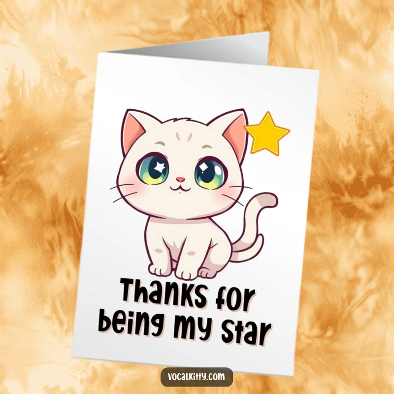 Funny Free Printable Thank You Card: A cat with wide, hopeful eyes chases a distant, shimmering star.
