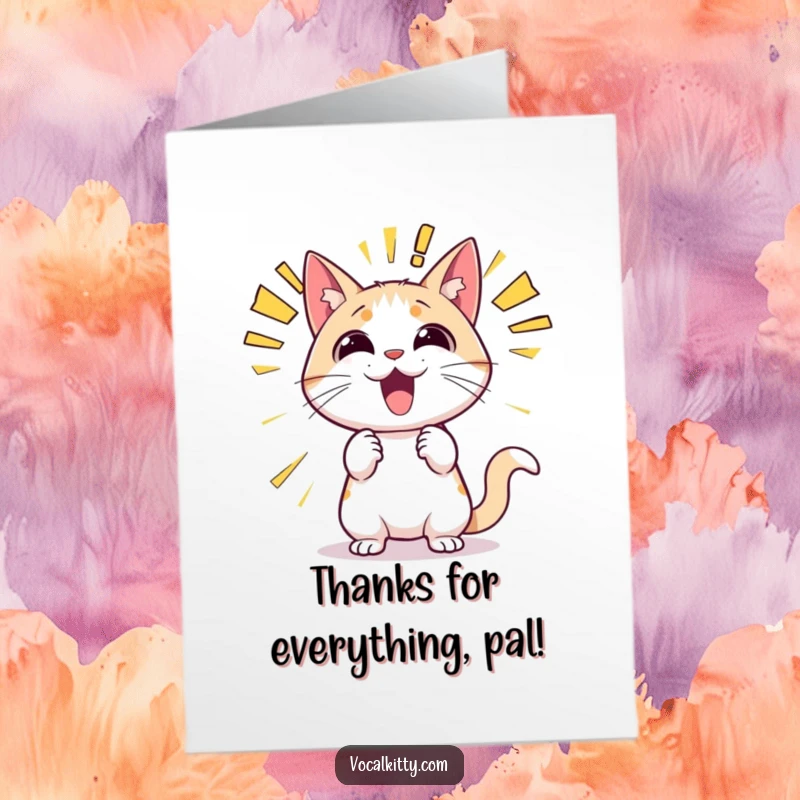 Funny Free Printable Thank You Card: Energetic cat announcing thanks with big, bold sound effects and a cheerful expression.