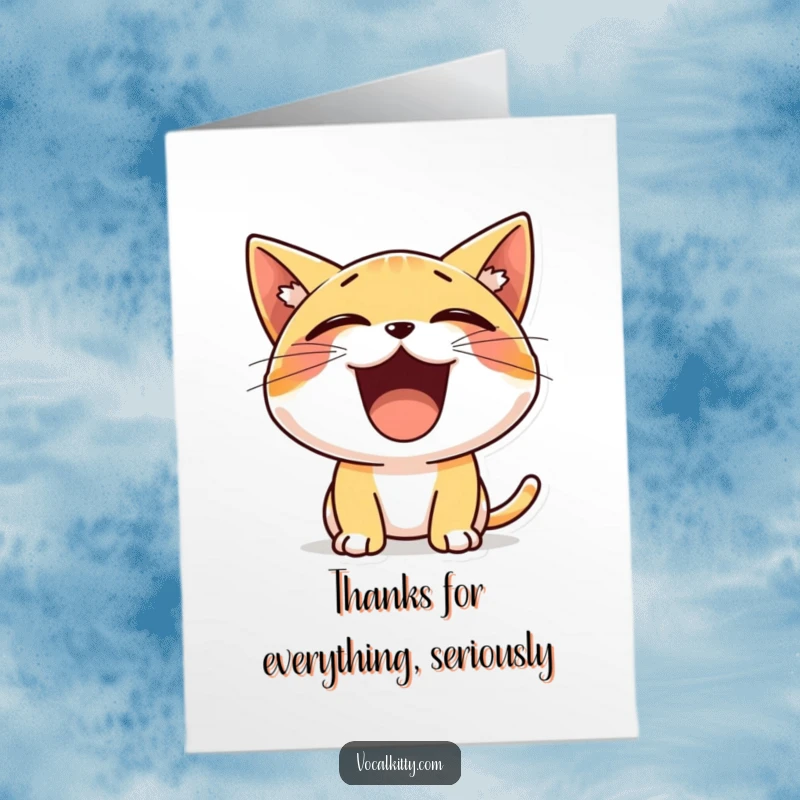 Funny Free Printable Thank You Card with a tiny cat character joyfully yelling its thanks with a wide-open mouth.