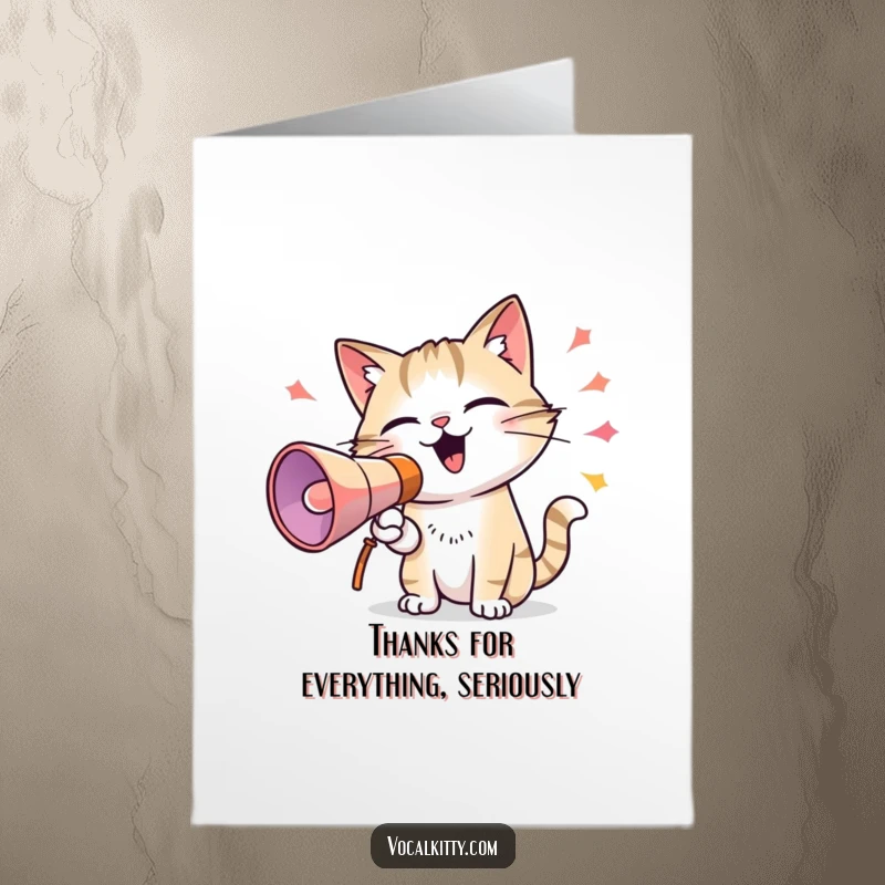 Funny Free Printable Thank You Card of a cat projecting thanks with a megaphone and colorful, bold sound waves.