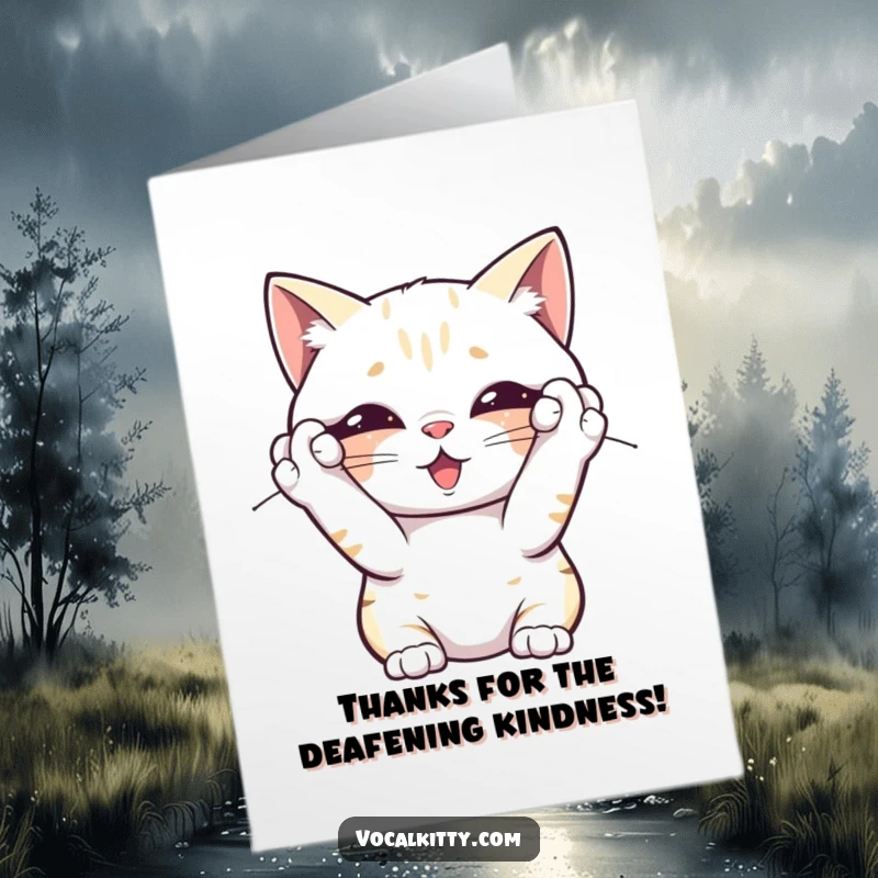 Funny Free Printable Thank You Card: Exhausted cat covering ears, thankful for their tolerance during chaos.
