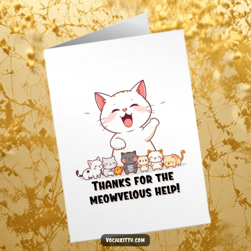 Funny free printable thank you card: A cat letting out a loud, startling meow, surprising a group of small animals in a humorous way.