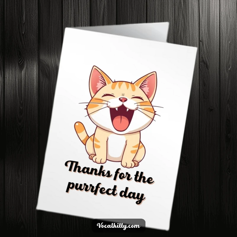 Funny Free Printable Thank You Card showing a cat with its mouth wide open, letting out a loud, joyful roar of gratitude.