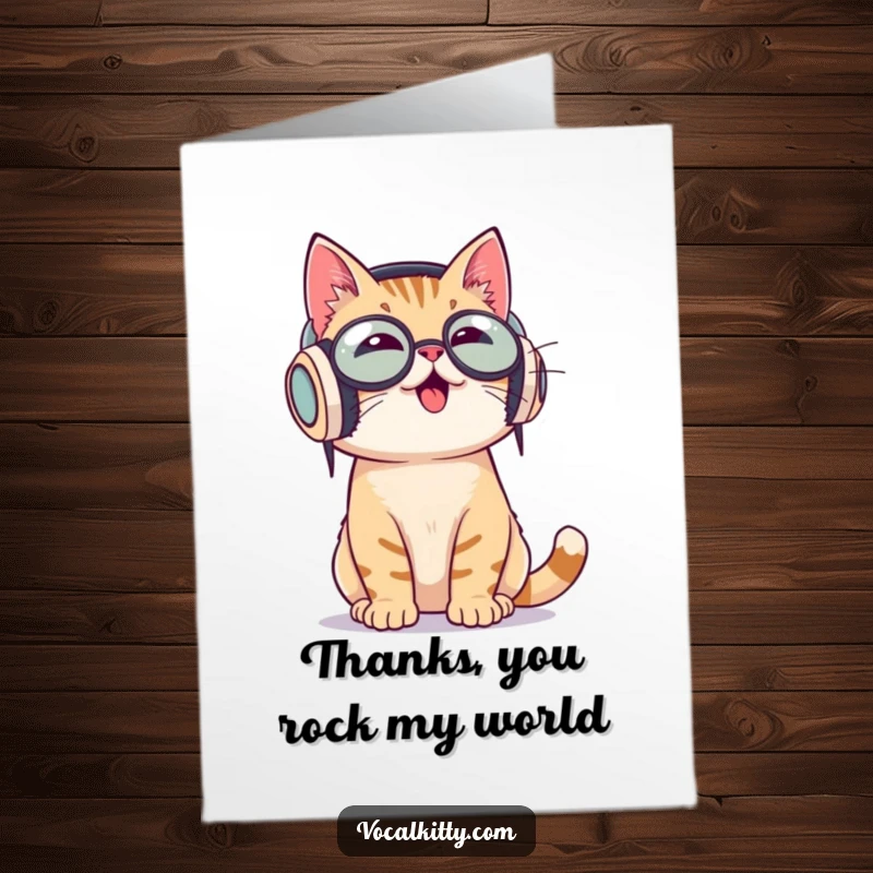 Funny Free Printable Thank You Card: Cat wearing huge headphones, bobbing head happily. A cool downloadable gift.