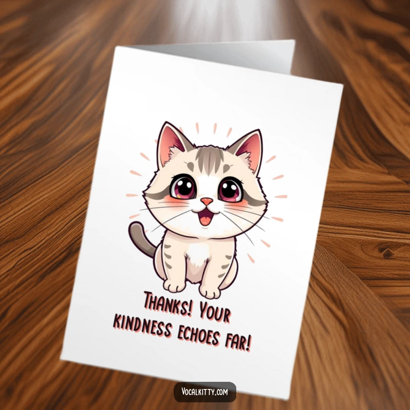 Funny free printable thank you card: A cat with a wide, happy smile, surrounded by radiating echo lines, symbolizing abundant thanks.