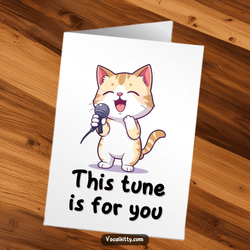 Funny Free Printable Thank You Card: Cat holding a microphone with gusto in a karaoke pose, singing thanks, a unique and humorous card.