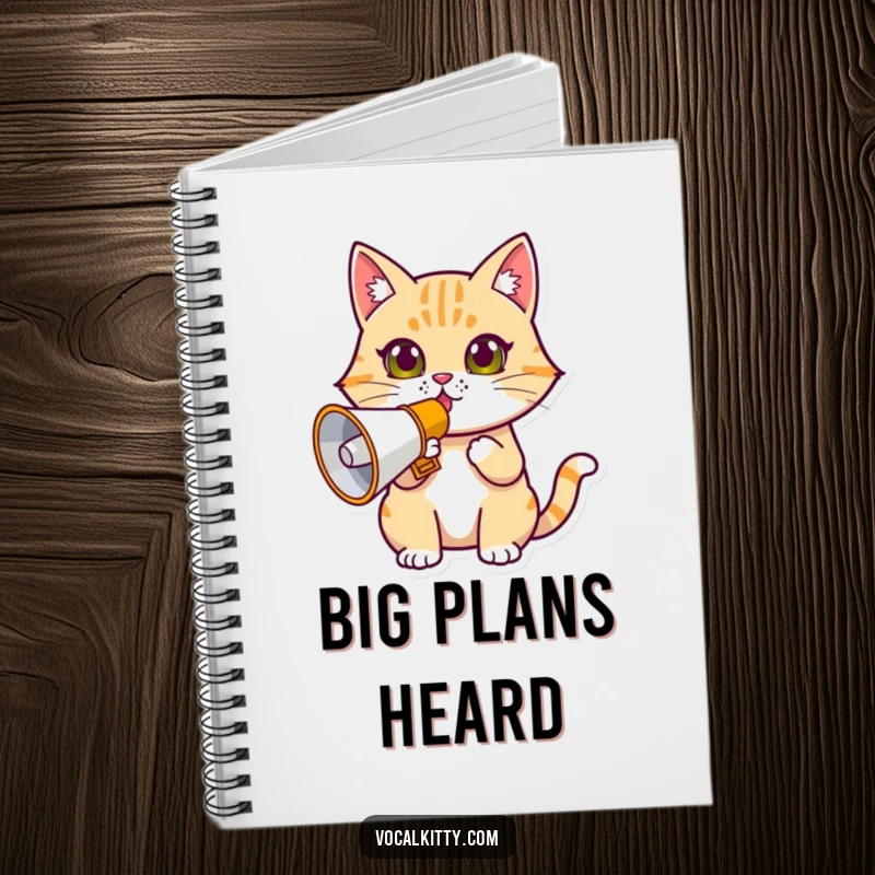 Funny determined cat notebook, holding a megaphone, ready to jot down loud and clear messages.