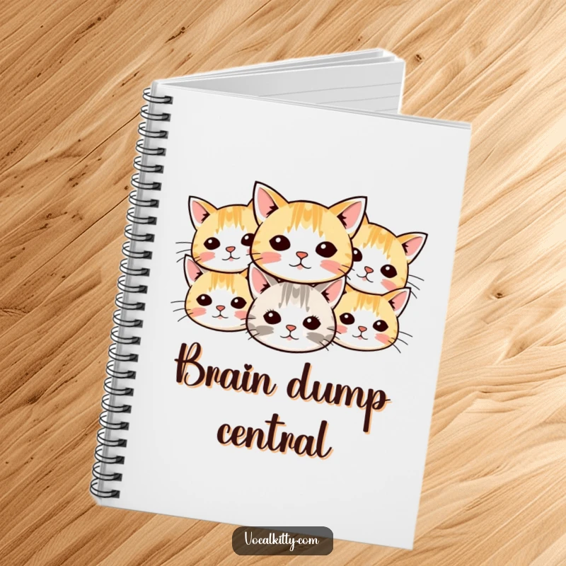Funny cat notebook featuring a pattern of small cartoon cat heads with whiskers radiating outwards, ideal for jotting down creative thoughts.