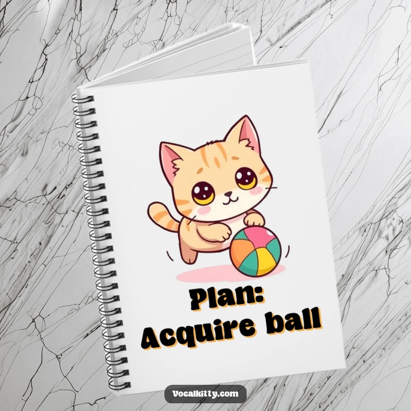 Funny cat notebook cover featuring a round cat with big eyes, hilariously chasing a vibrant ball, for capturing funny thoughts.