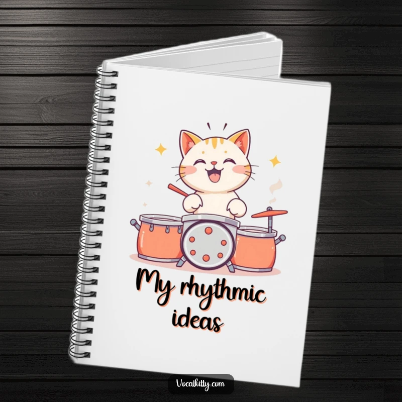 Funny cat holding a notebook, drumming on pots and pans, journal.