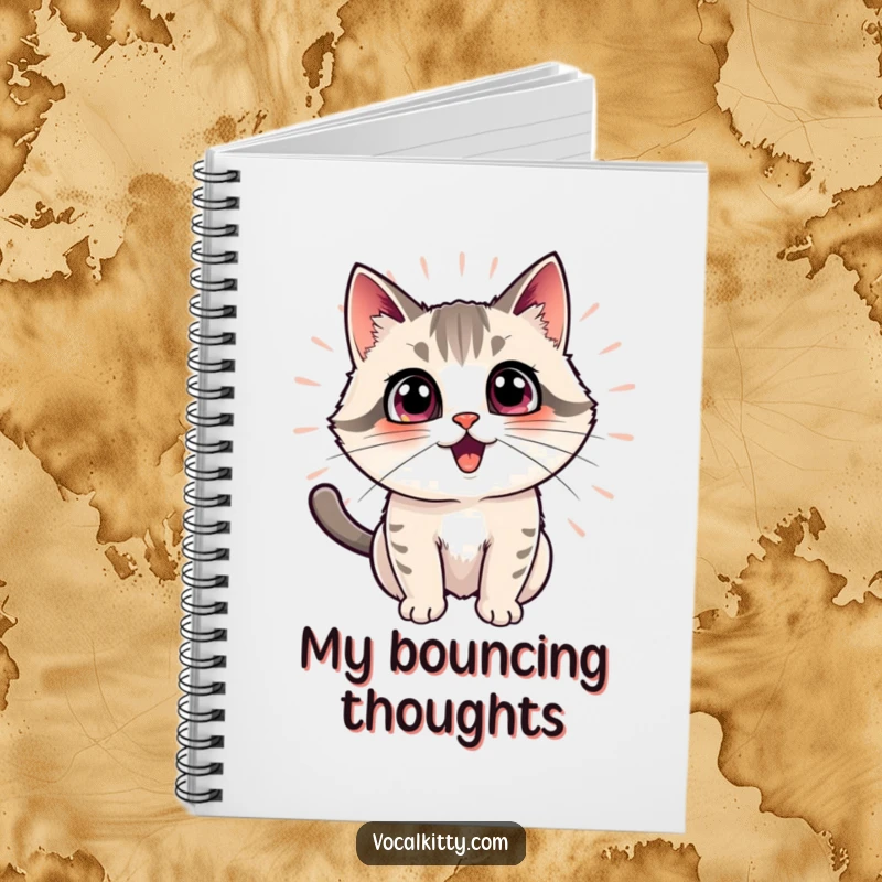 Funny cat notebook cover featuring an excited cat with radiating echo effects, symbolizing amplified thoughts and ideas.