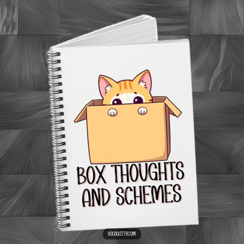 Funny cat notebook cover featuring a curious character peeking out from a large cardboard box, perfect for jotting down playful thoughts.