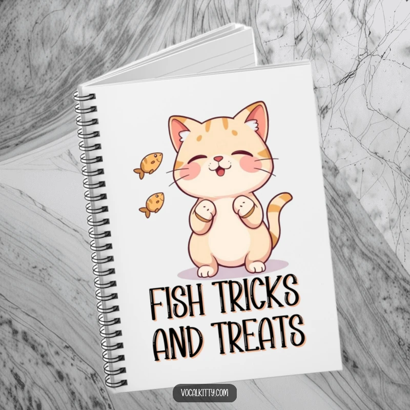 Funny cat notebook cover featuring a character artfully juggling three tiny fish with its paws, perfect for capturing witty notes.