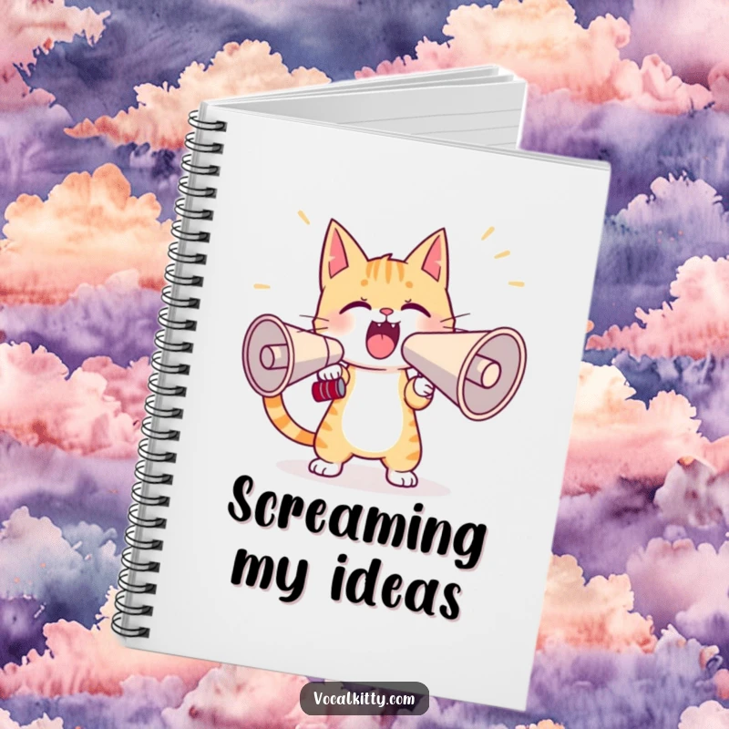 Funny cat notebook with a character practicing yelling into a huge megaphone, designed for jotting down bold thoughts and plans.