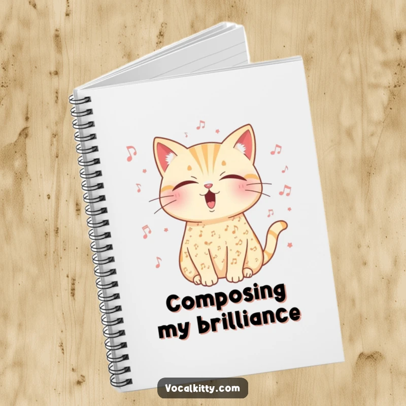 Funny musical cat notebook, covered in music notes, eyes closed in peaceful vocal exertion.