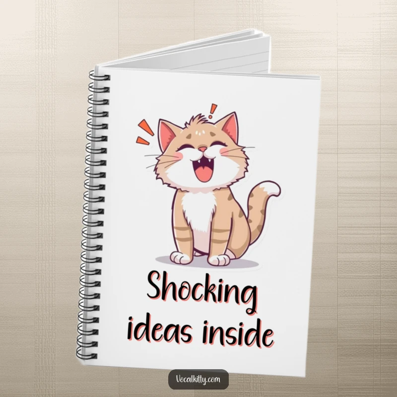 Funny shocked cat notebook, fur on end, with a cartoon 'ROAR!' emanating, ready for startling ideas.