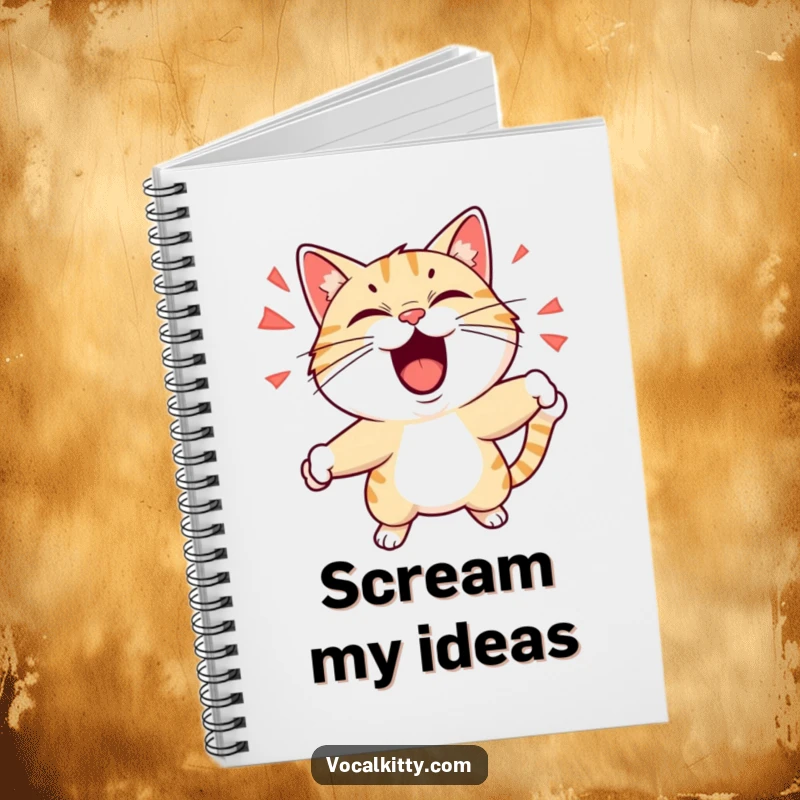 Funny notebook with a cat character playfully shouting with exaggerated expressions and dynamic motion, encouraging users to capture energetic ideas. Creative and humorous stationery.