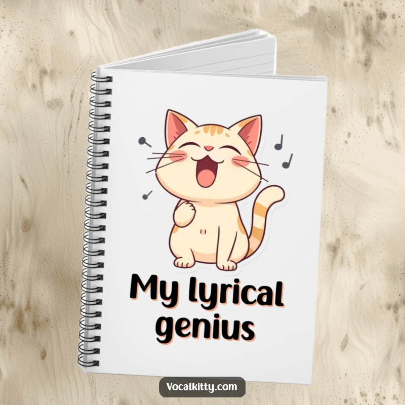 Funny notebook featuring a stylized cat singing loudly, with sound waves emanating, inspiring humorous musical notation.