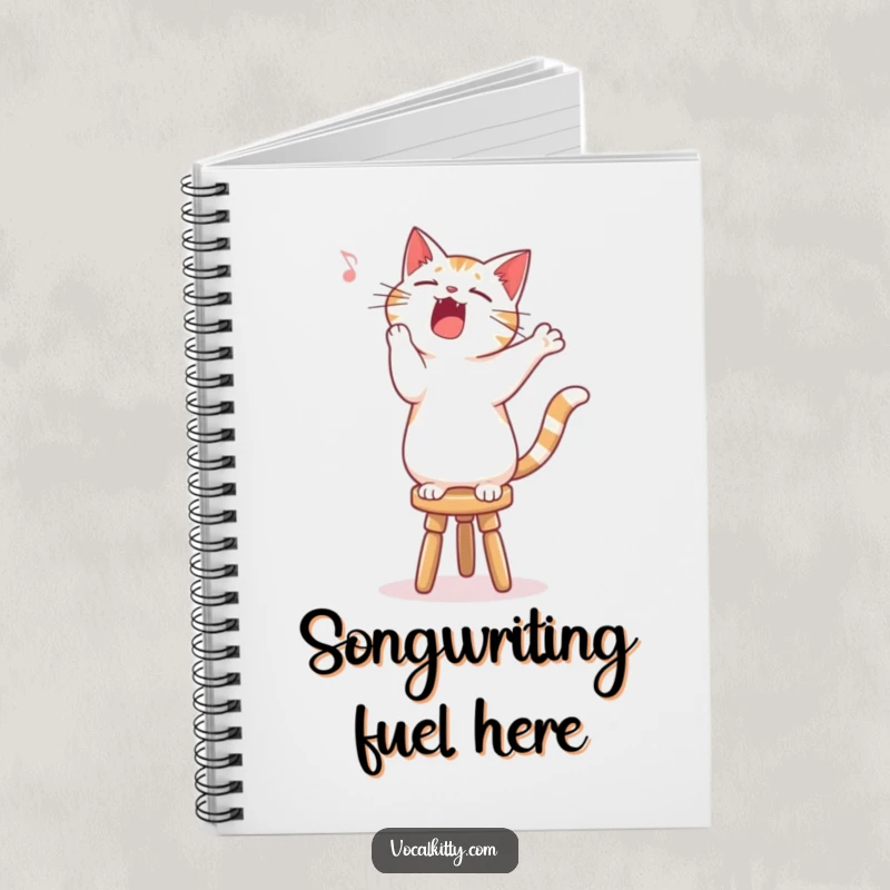 Funny singing cat notebook, standing on a stool, ready to write songs with gusto.