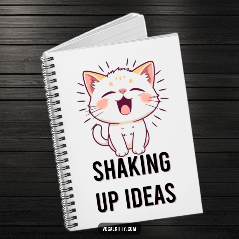 Funny cat character with fur vibrating from a funny noise, on a notebook, for capturing ideas.