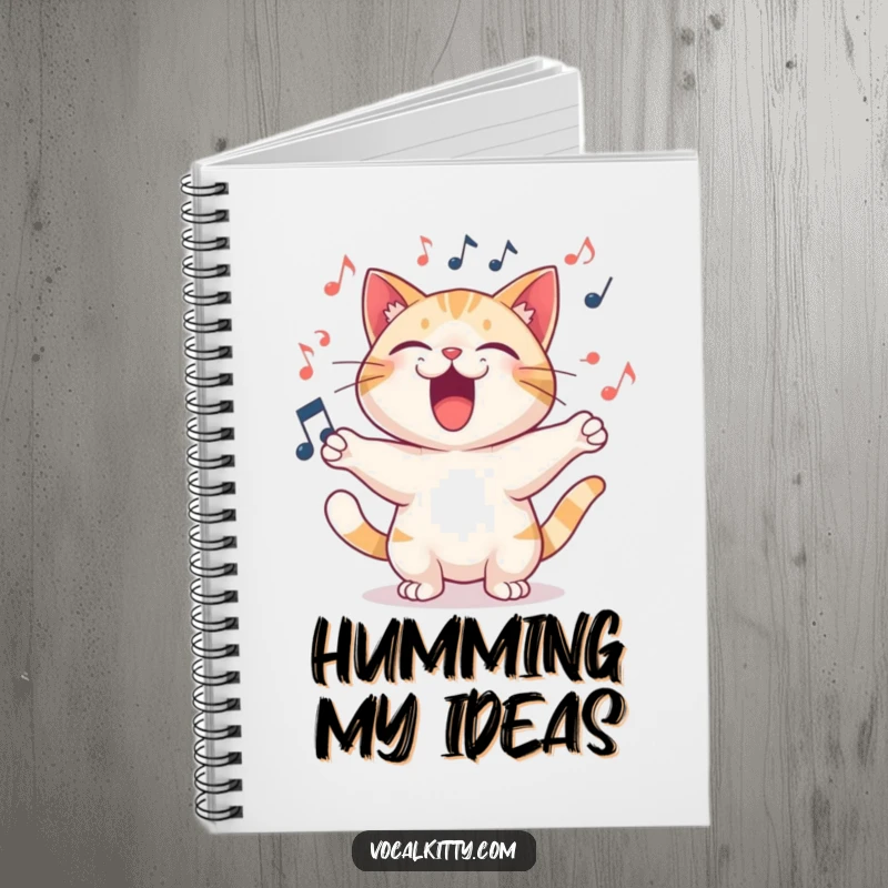Funny Notebook with a cat character singing a joyful song, musical notes swirling around.