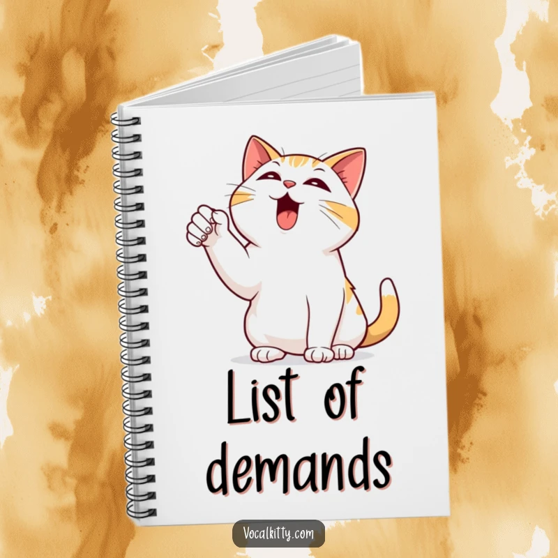 Funny notebook cover with a black cat dramatically pointing a paw to the sky, bellowing with humorous, expressive energy.