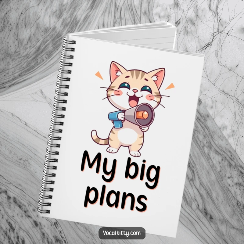Funny cat character with a tiny megaphone, exuding boisterous enthusiasm, on a notebook, for jotting ideas.