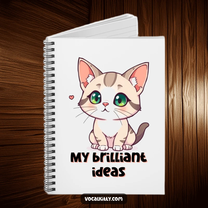 Funny notebook cover with a cat with comically large, flared ears, showing intense focus on a subtle, distant sound.