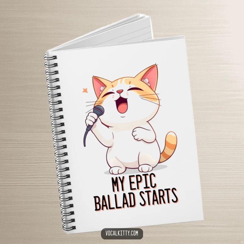 Funny notebook cover featuring a dramatic cat singer hitting a powerful note, paw pressed to its chest.