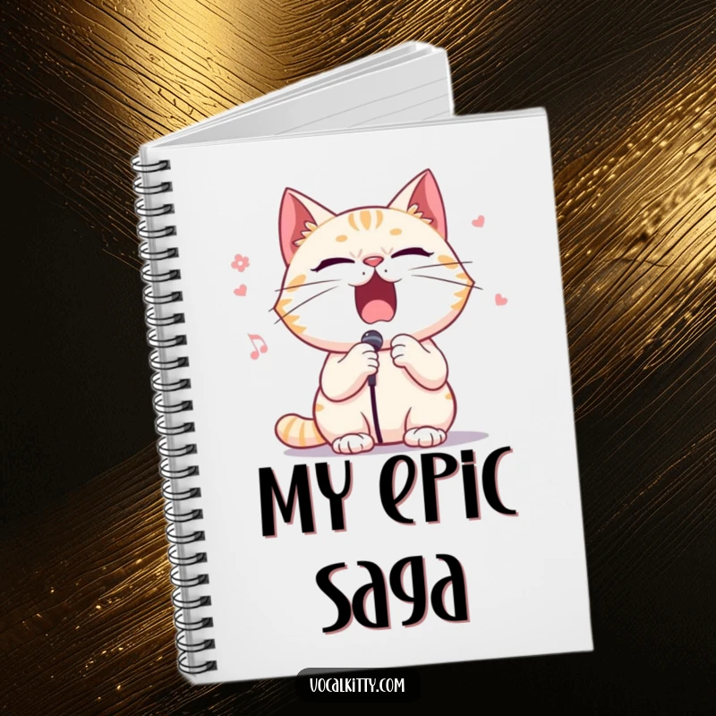 Funny notebook cover featuring a cat character singing opera with exaggerated dramatic flair, inspiring creativity.