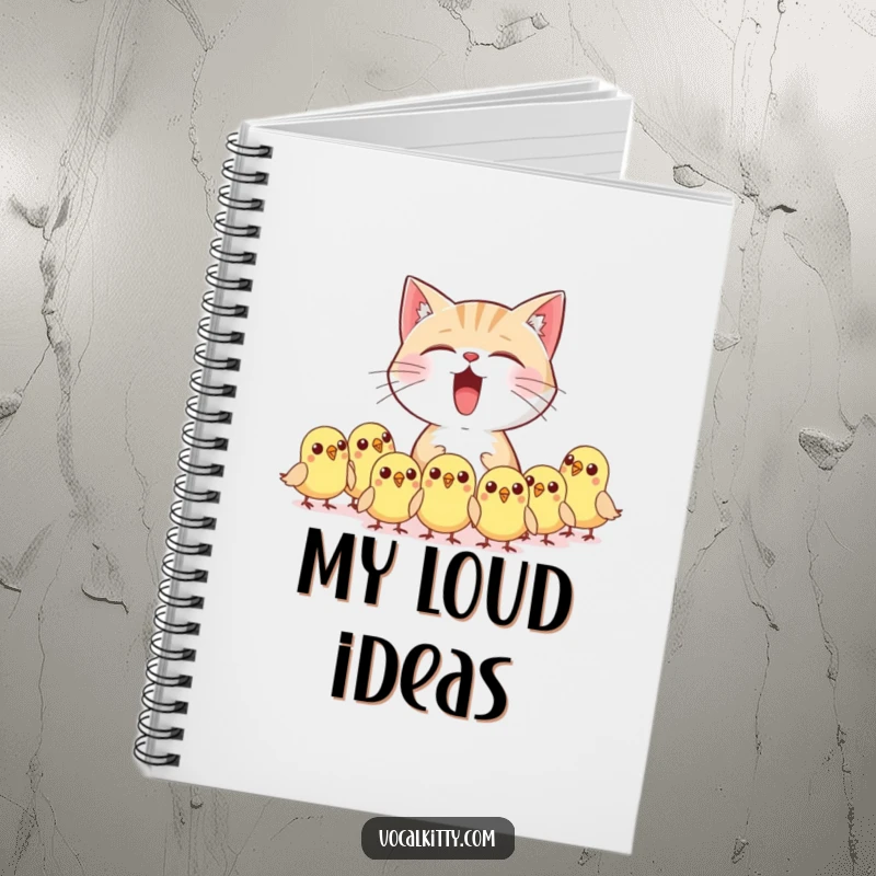 Funny cat character meowing loudly, startling birds, with a notebook, perfect for jotting ideas.