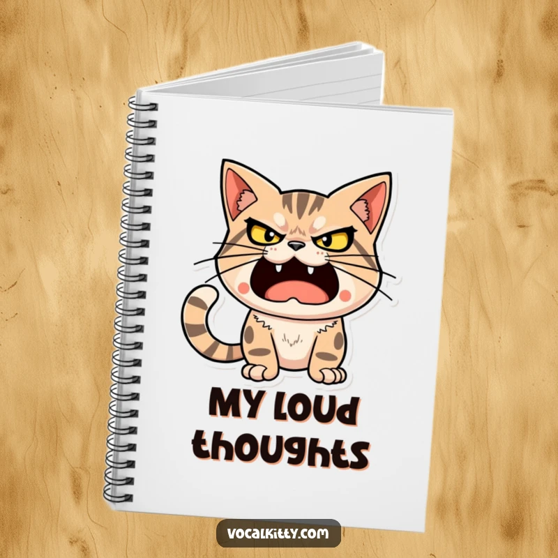 Funny cat character with a determined, loud expression, ready to unleash a big sound, on a notebook.
