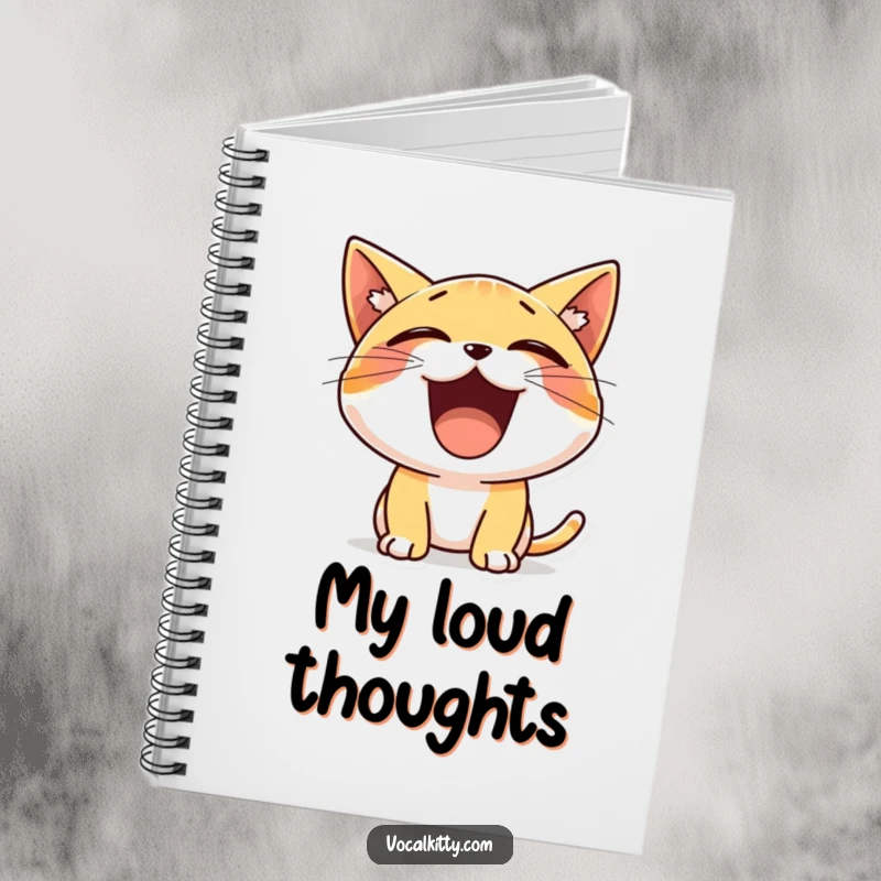 Funny notebook cover with a tiny, energetic cat character yelling with a wide-open mouth, inspiring joyful note-taking.