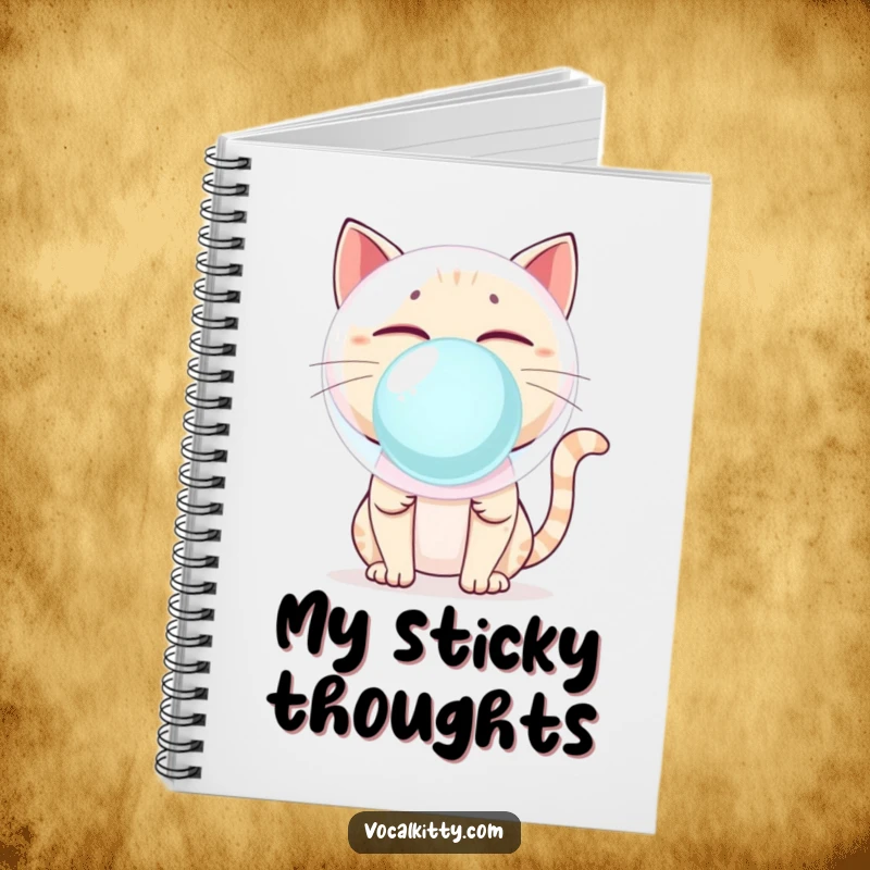 Funny Cat Blowing Giant Bubblegum Bubble About to Pop Notebook - Humorous Stationery