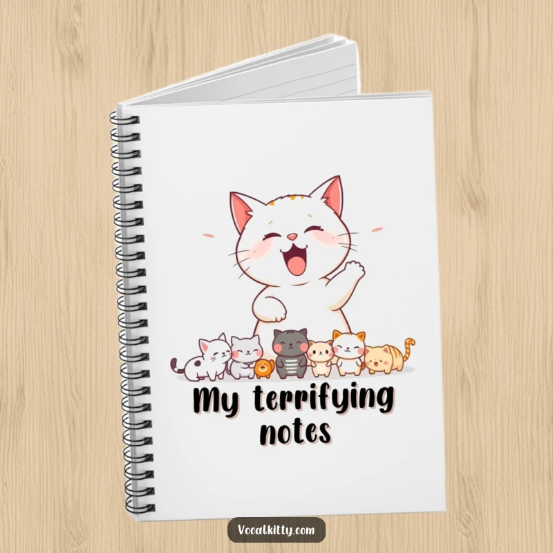 Funny cat notebook cover featuring a cat letting out a loud meow, startling a line of small animals, perfect for creative notes.