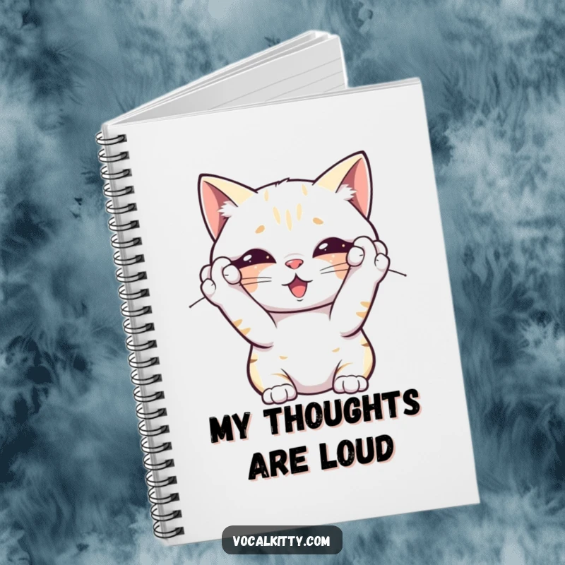 Funny notebook with a cat covering its ears, overwhelmed by its own noise, ideal for writing with a humorous and relatable touch.